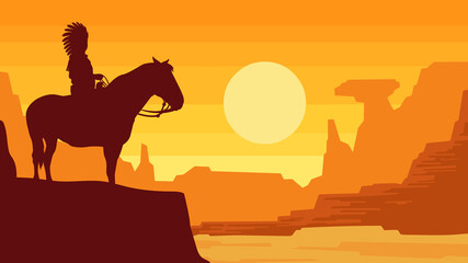 Cartoon Silhouette Of Indian Chief On Horse. Vector Hand Drawn Illustration With Western Landscape Background