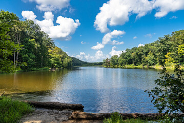 Landscape of lake and open blue sky in nature park in summer - 453511544