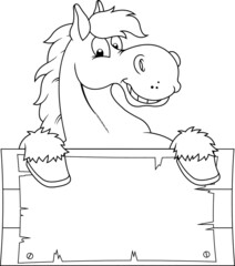 Outlined Horse Cartoon Mascot Character Over A Blank Wooden Sign Board. Vector Hand Drawn Illustration Isolated On Transparent Background