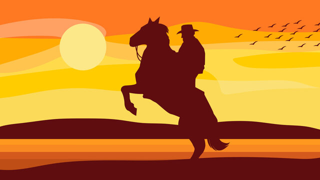 Cartoon Silhouette Of Cowboy On Horse. Vector Hand Drawn Illustration With Western Landscape Background