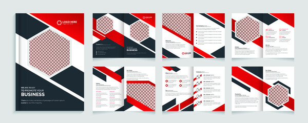 12 pages company profile design, Corporate modern bi fold brochure template and company profile with red and black creative shapes annual report design, Multipurpose editable template