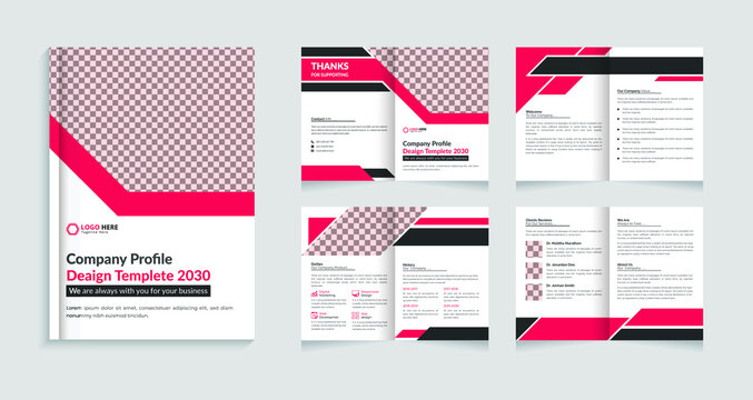 8 pages company profile design, Corporate modern bi fold brochure template and company profile with red and black creative shapes annual report design, Multipurpose editable template
