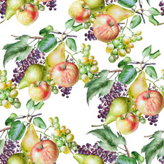 Bright seamless pattern with autumn fruits.  Apple. Grapes. Pear. Hand drawn..Watercolor illustration. - 453512388