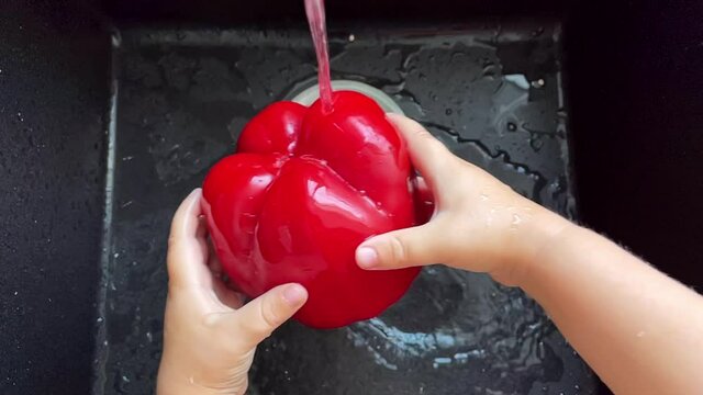 Children's hands washing fresh red pepper in black sink under water stream