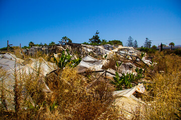 Destroyed greenhouses with bananas on the island of Crete in Greece