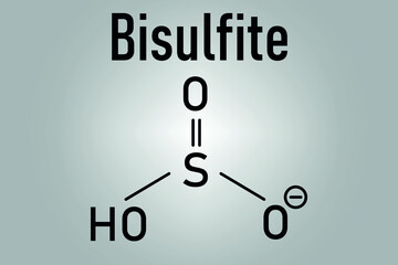 Skeletal formula of Bisulfite anion, chemical structure. Common salts include sodium bisulfite (E222) and potassium bisulfite (E228), used as food preservatives.