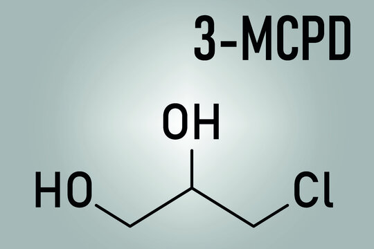 Skeletal formula of 3-MCPD carcinogenic food by-product molecule. Produced when hydrochloric acid is added to food to speed up protein hydrolysis.	