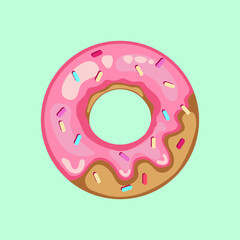 Vector illustration of cartoon colorful tasty donut isolated on milky green background with pink sugar glaze and multicolored sprinkles.