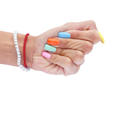 Beautiful colorful nails on female hand isolated on white background. Modern fancy manicure beauty concept