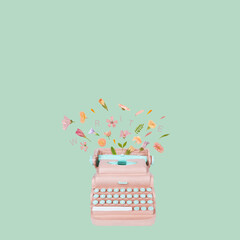 Typewriter keys keytops old style making lovely words of flowers. Creative literature poetry or nice words concept. Trendy pastel colors - obrazy, fototapety, plakaty
