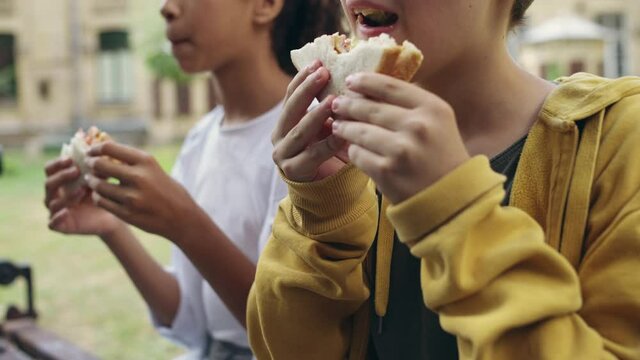 School children eating sandwiches, having meal after classes, kids nutrition