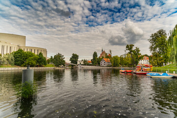 Brda river in the center of Bydgoszcz. Mill Island. August 2021.