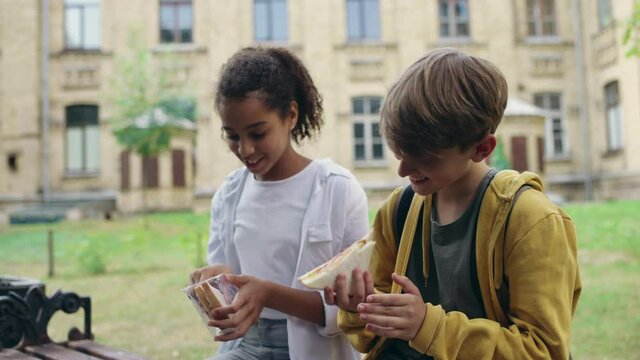Kind girl sharing sandwich with classmate, friendship at school, socializing