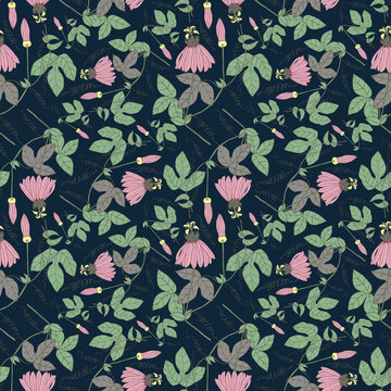 Seamless botanical dark pattern with pasiflora flowers
