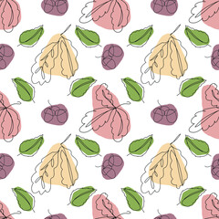 One line continuous of abstract autumn leaves seamless pattern. Simple art vector illustration for packaging, wallpaper, wrapingpaper, fashion desine. Single line drawing art.   
