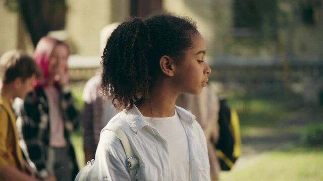School kids bullying unhappy biracial girl, racial discrimination problem