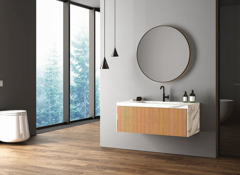 Minimalist  bathroom interior with parquet floor, black toilet and oval mirror, side view. Minimalist grey bathroom with modern furniture. 3d rendering