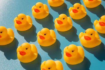 yellow rubber ducks on a blue background with hard shadows