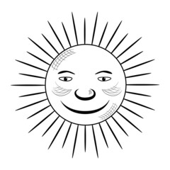 The sun. Linear drawing, sketch. Male character of the sun with rays. The kind sun smiles. Simple doodle illustration isolated on white background. Vector. Positive icon.