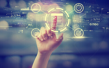 Project management theme with a hand pressing a button