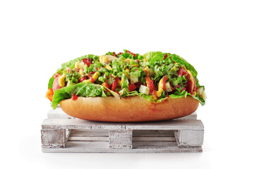 Fresh made hot dogs with ketchup, mustard and salad