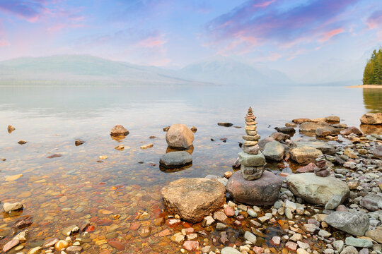 Balanced Rocks at Lake McDonald. Lake McDonald is the largest lake in Glacier National Park and is located in Flathead County in the U.S. state of Montana