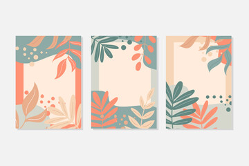 Abstract leaves art. A set of postcards in pastel colors. Autumn leaves and decor elements. Vector illustration