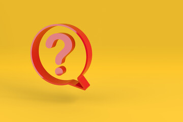 Red speech balloon with a question mark on yellow background. 3d illustration.