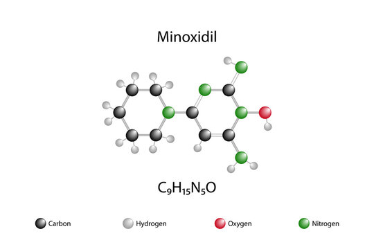 Molecular formula of minoxidil. Minoxidil is a vasodilator drug. It is an active ingredient known to provide hair growth and prevent baldness.
