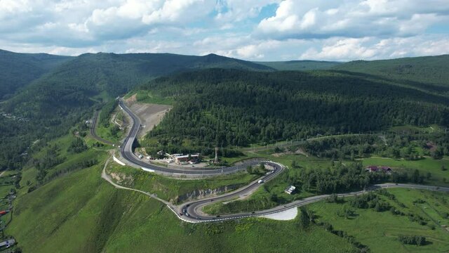 The Baikal serpentine road - aerial view of natural mountain valley with serpantine road, Trans-Siberian Highway, Russia, Kultuk, Slyudyanka