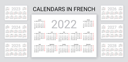 French Calendar 2022, 2023, 2024, 2025, 2026, 2027, 2028 years. France pocket or wall calender template. Week starts Monday. Yearly desk organizer. Vertical, portrait orientation. Vector illustration