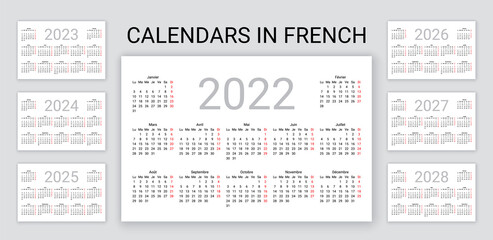 French Calendar 2022, 2023, 2024, 2025, 2026, 2027, 2028 years. France pocket or wall calender template. Week starts Monday. Yearly desk organizer. Vertical, portrait orientation. Vector illustration