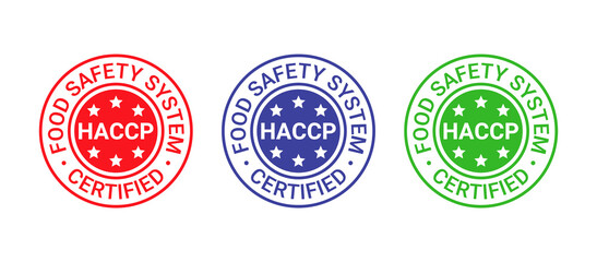 HACCP certified stamp. Food safety system round emblem. Hazard analysis and Critical Control Points seal imprint. Quality warranty icon isolated on white background. Vector illustration.