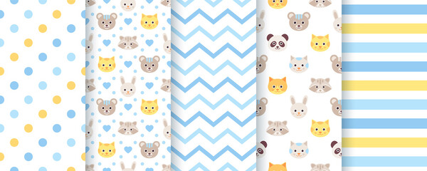 Baby pattern. Baby boy seamless backgrounds. Kids textures with animals, polka dot, zig zag and stripes. Set of cute textile prints. Blue pastel childish scrapbook backdrops. Vector illustration.
