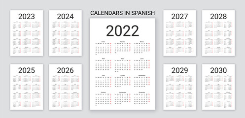 Spanish Calendar 2022, 2023, 2024, 2025, 2026, 2027, 2028, 2029 years. Vector. Week starts Monday. Template pocket or wall Spain calender. Desk organizer. Yearly grid of schedule. Simple illustration