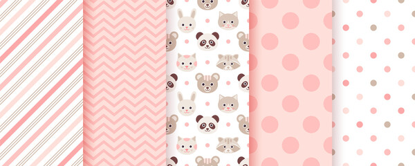 Baby girl pattern. Seamless backgrounds. Pink kids textures with animals, polka dot, zig zag and candy cane stripe. Set of cute textile prints. Pastel childish scrapbook backdrops. Vector illustration