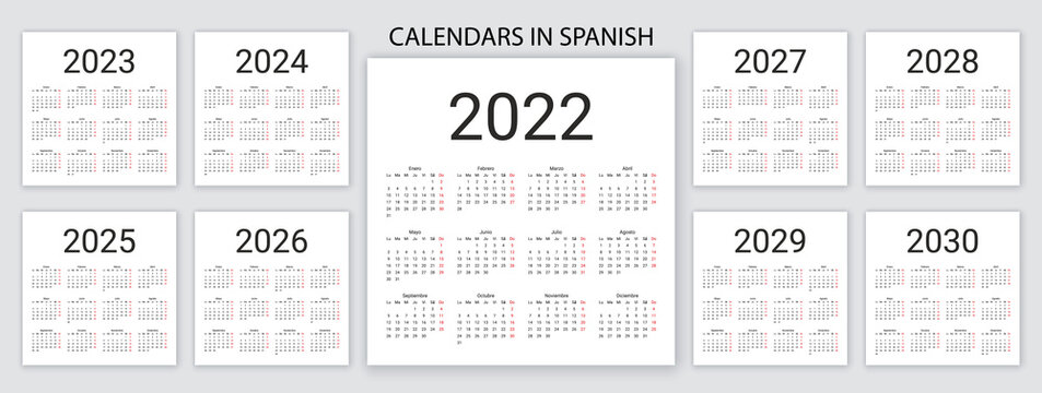 Spanish Calendar 2022, 2023, 2024, 2025, 2026, 2027, 2028, 2029, 2030 years. Vector. Week starts Monday. Spain calender template. Desk organizer. Yearly grid on white. Simple illustration.