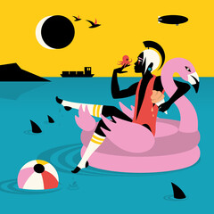 Woman on inflatable flamingo boat