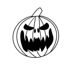 Art illustration of a scary pumpkin, halloween holiday, black lines on a white background
