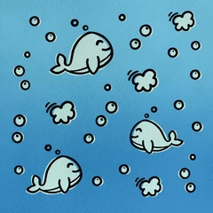 Abwaschbare Fototapete Wal Handgezeichneter kindischer nahtloser Flachdruck mit Walen und Blasen. Drucken für Kinder mit Walen