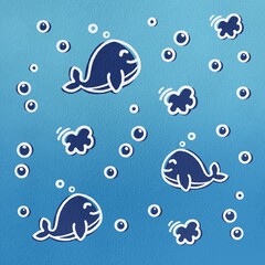 Handgezeichneter kindischer nahtloser Flachdruck mit Walen und Blasen. Drucken für Kinder mit Walen