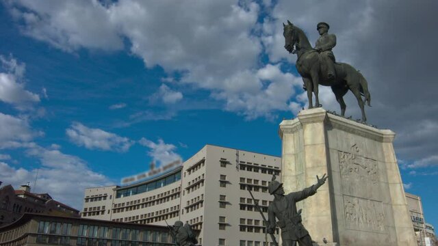 Atat&uuml;rk statue in Ankara. Mustafa Kemal Ataturk statue. Birds flying over the statue. Time-lapse cloud video.