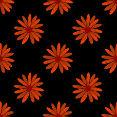 Red floral design pattern on a black background.