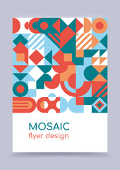 Fototapeta premium Abstract geometric mosaic flyer template with simple shapes. Trendy creative background. Vector illustartion, flat style, minimalism. Poster, card, cover for booklet, book, brochure, catalog