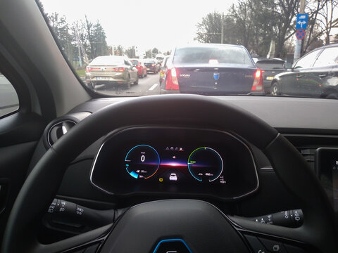New Renault Zoe electric car. New modern technology, interior design details. Bucharest, Romania, 2021