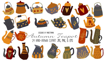 24 Autumn Teapot Hand-drawn Clipart