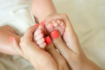 Fototapeta na wymiar close up baby's tiny feet in paren't hands. parent holding newborn in arms. happy family