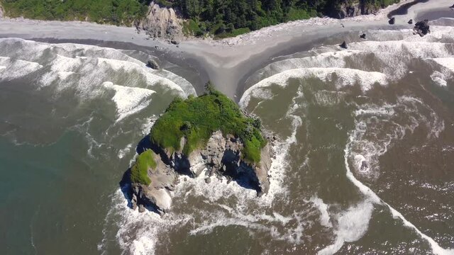 Overhead aerial view captured by a drone featuring Abbey Island at Ruby Beach on the Washington Coast.
