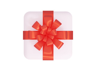 Top view. Gift white box with a red bow close-up. Isolated on a white background. 3d rendering