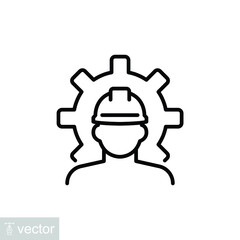 Male use Hard Hat, safety helmet with Gear Cog Wheel for Engineering equipment of Construction Worker, technician in industrial manufacturing. Vector illustration. Design on white background. EPS10